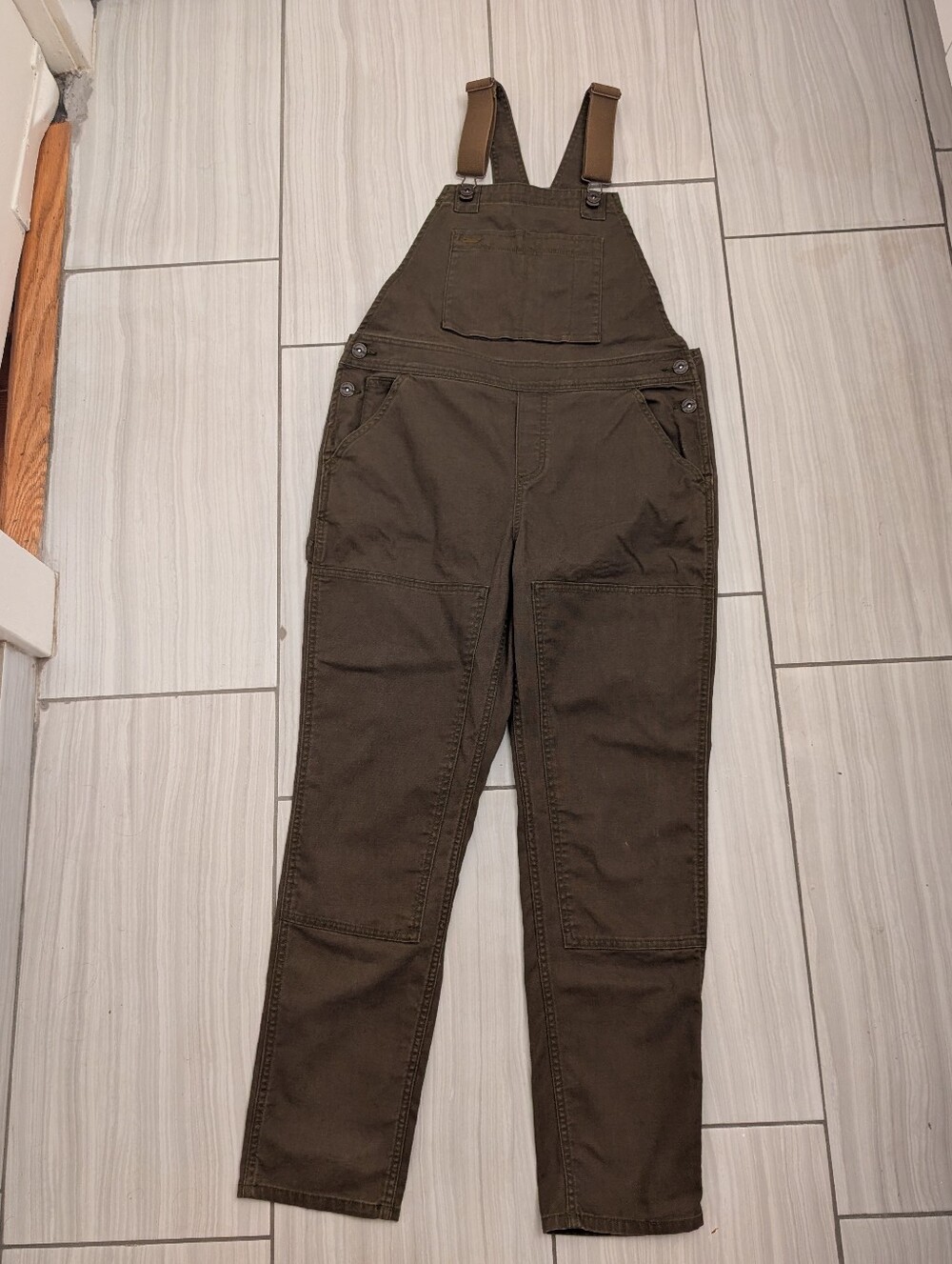 REI CO-OP Women TRAILSMITH Overalls Double Knee Bibs Pants Green Canvas Size 10
